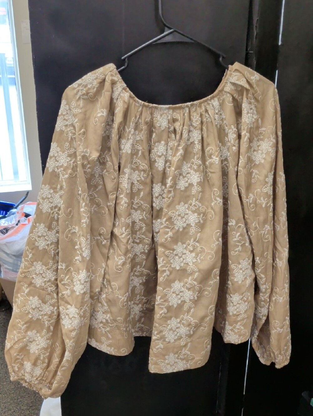 Embroidered Taupe Peasant Blouse with White Floral Detail - Picture 4 of 4